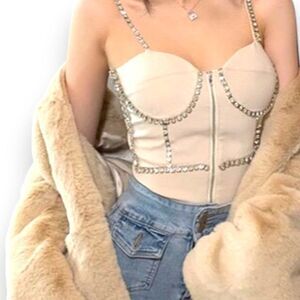 Sparkling White Studded Straps Cami Crop Bustier Corset Top NEW